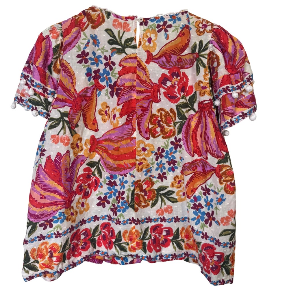 Farm Rio Womens Top Large Floral Swiss Dot Blouse Multi Color Boho Pom Poms - Picture 4 of 11